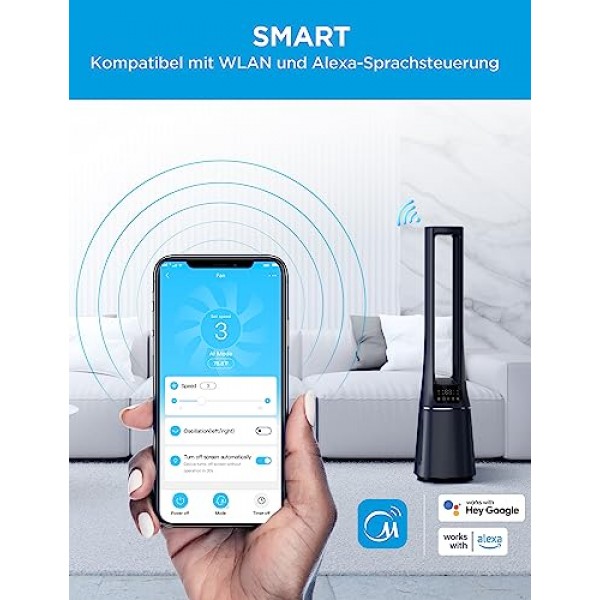 Midea MFP-120i(BL) 2-in-1 타워형 팬 저소음 38dB 공기 청정기 H13 True HEPA(47.6㎡) LED 디스플레이 원격 제어 진동 12시간 타이머 무선 연결 앱과 호환 가능 Alexa Google