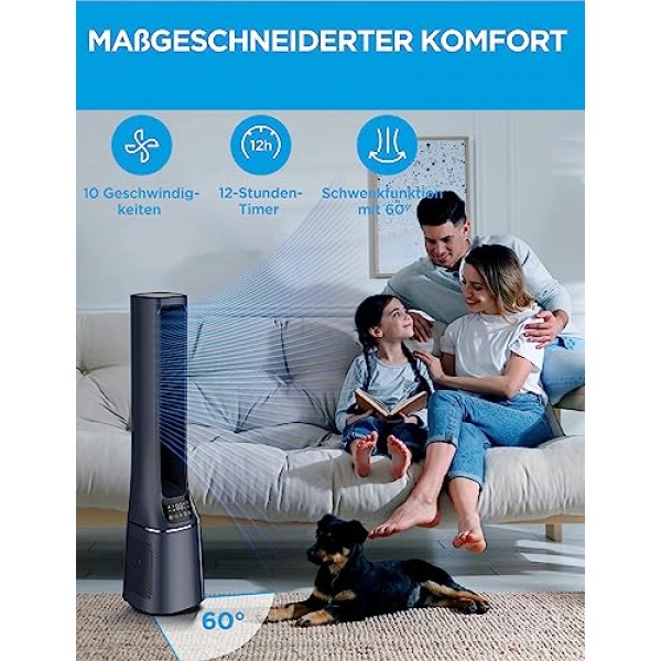 Midea MFP-120i(BL) 2-in-1 타워형 팬 저소음 38dB 공기 청정기 H13 True HEPA(47.6㎡) LED 디스플레이 원격 제어 진동 12시간 타이머 무선 연결 앱과 호환 가능 Alexa Google