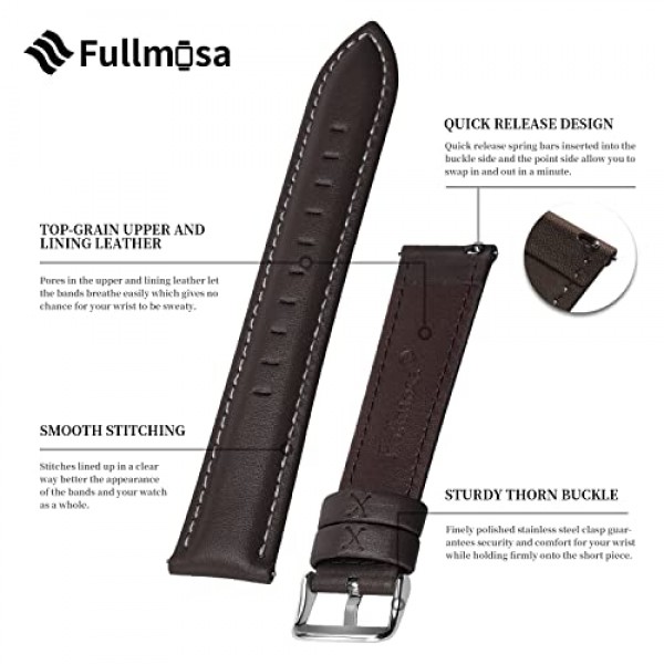 12가지 색상의 Fullmosa® 시계 스트랩, Axus 시리즈 가죽 스트랩, 교체용 시계 스트랩, 스테인리스 스틸 금속 걸쇠 포함, 남성용 및 여성용, 14/16/18/20/22/24 mm, 20mm, 다크 브라