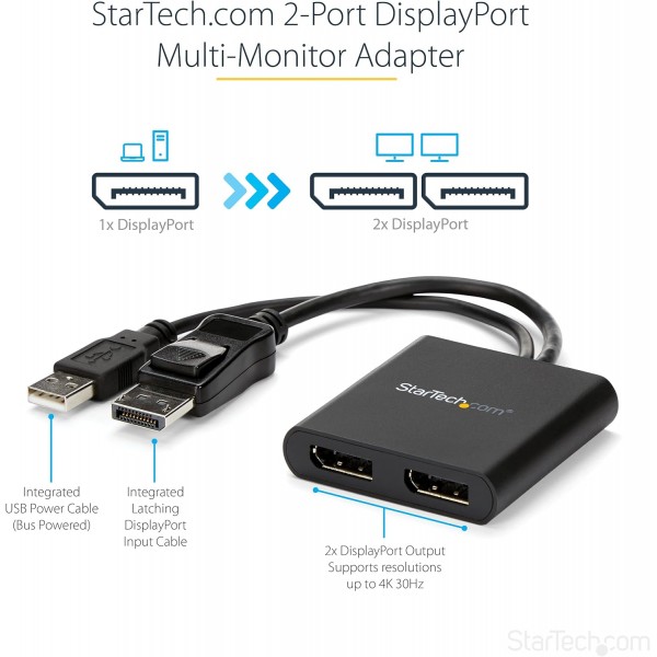 StarTech.com 듀얼 모니터 DisplayPort 1.2 분배기, DisplayPort - 2x DP 멀티 모니터 어댑터, 듀얼 4K 30Hz 또는 1080p 60Hz 컴퓨터 MST 허브, USB 버스 전원 공급, Windows 전용(MSTDP122DP) 2x Disp