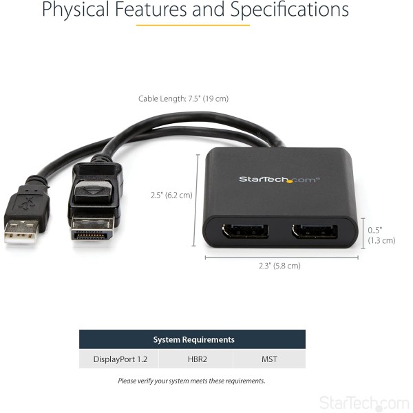 StarTech.com 듀얼 모니터 DisplayPort 1.2 분배기, DisplayPort - 2x DP 멀티 모니터 어댑터, 듀얼 4K 30Hz 또는 1080p 60Hz 컴퓨터 MST 허브, USB 버스 전원 공급, Windows 전용(MSTDP122DP) 2x Disp