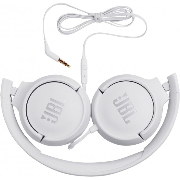 JBL Tune500 화이트 유선 온이어 헤드폰 - 1버튼 리모콘, 내장 마이크 및 음성 어시스턴트가 있는 이어폰 - 이동 중에 전화 걸고 음악 듣기 화이트 싱글