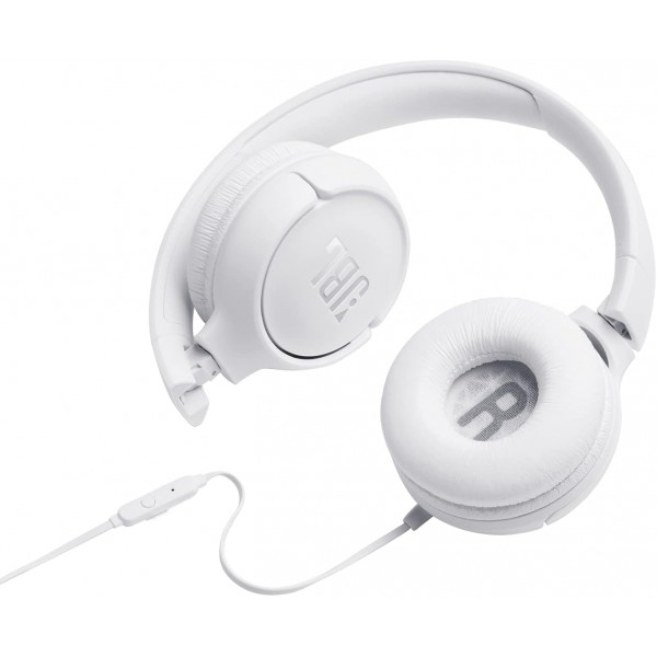 JBL Tune500 화이트 유선 온이어 헤드폰 - 1버튼 리모콘, 내장 마이크 및 음성 어시스턴트가 있는 이어폰 - 이동 중에 전화 걸고 음악 듣기 화이트 싱글
