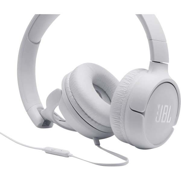 JBL Tune500 화이트 유선 온이어 헤드폰 - 1버튼 리모콘, 내장 마이크 및 음성 어시스턴트가 있는 이어폰 - 이동 중에 전화 걸고 음악 듣기 화이트 싱글