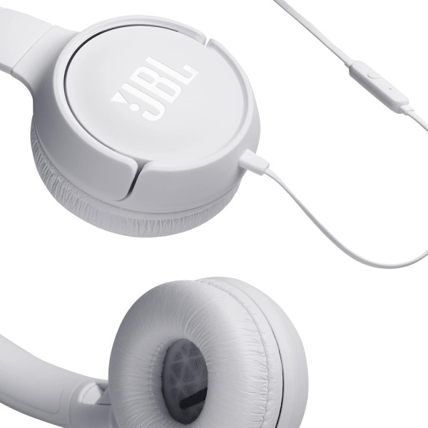 JBL Tune500 화이트 유선 온이어 헤드폰 - 1버튼 리모콘, 내장 마이크 및 음성 어시스턴트가 있는 이어폰 - 이동 중에 전화 걸고 음악 듣기 화이트 싱글
