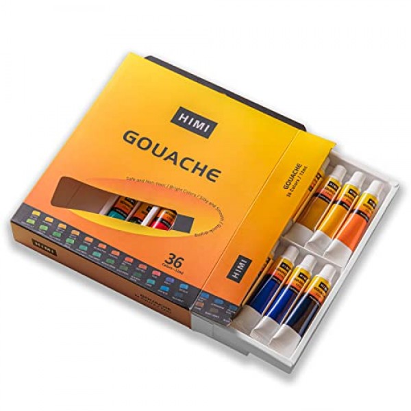 HIMI 구아슈 페인트 튜브 세트, 36색, 12ml, 0.4 US fl oz 튜브, 구아슈 페인트, 캔버스 및 종이 사용, 전문가, 학생, 초보자 및 예술가를 위한 미술 용품