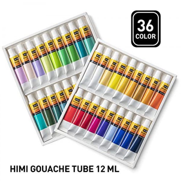 HIMI 구아슈 페인트 튜브 세트, 36색, 12ml, 0.4 US fl oz 튜브, 구아슈 페인트, 캔버스 및 종이 사용, 전문가, 학생, 초보자 및 예술가를 위한 미술 용품