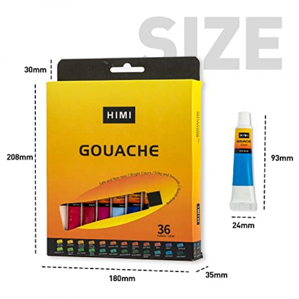 HIMI 구아슈 페인트 튜브 세트, 36색, 12ml, 0.4 US fl oz 튜브, 구아슈 페인트, 캔버스 및 종이 사용, 전문가, 학생, 초보자 및 예술가를 위한 미술 용품