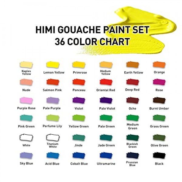 HIMI 구아슈 페인트 튜브 세트, 36색, 12ml, 0.4 US fl oz 튜브, 구아슈 페인트, 캔버스 및 종이 사용, 전문가, 학생, 초보자 및 예술가를 위한 미술 용품