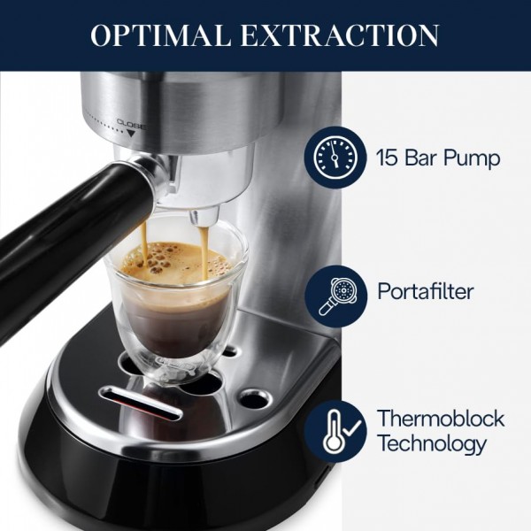 De'Longhi Dedica EC680M, 에스프레소 머신, 커피 및 카푸치노 메이커(우유 거품기 포함), 금속/스테인레스, 컴팩트 디자인 6인치 너비, 최대 5인치 크기의 머그컵