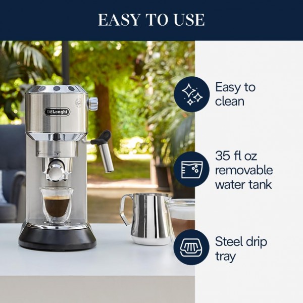 De'Longhi Dedica EC680M, 에스프레소 머신, 커피 및 카푸치노 메이커(우유 거품기 포함), 금속/스테인레스, 컴팩트 디자인 6인치 너비, 최대 5인치 크기의 머그컵