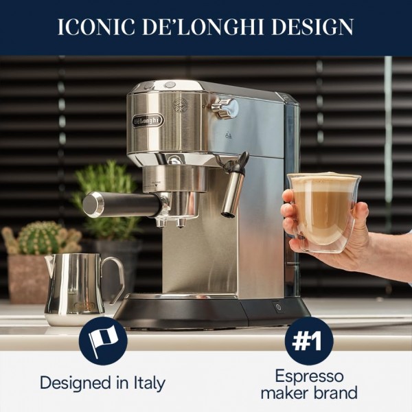 De'Longhi Dedica EC680M, 에스프레소 머신, 커피 및 카푸치노 메이커(우유 거품기 포함), 금속/스테인레스, 컴팩트 디자인 6인치 너비, 최대 5인치 크기의 머그컵