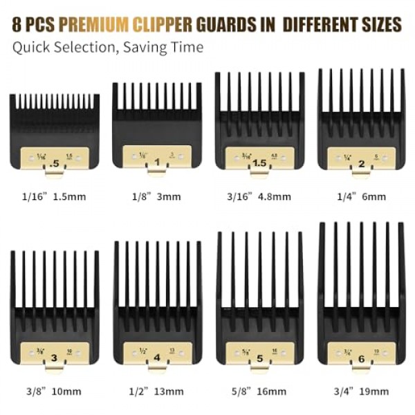 BaBylissPRO Barberology FX870,FX890,FX825 및 FX673 클리퍼용 프리미엄 클리퍼 가드 8개, 금속 클립이 있는 Babyliss 클리퍼 가드에 적합 - 절단 길이 1/16-3/4인치 부착 빗 세트