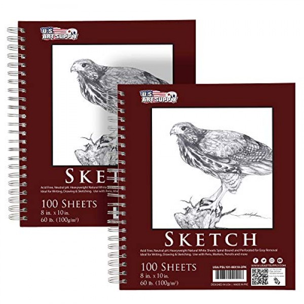 미국 미술품 8 x 10 스케치 북 패드, 2개 팩, 각 100매, 60파운드(100gsm) - 나선형으로 묶인 아티스트 스케치 그림 종이 패드, 무산소 - 흑연 색연필, 숯 - 성인, 학생