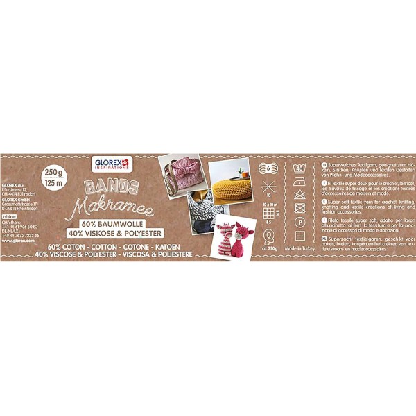 GLOREX 5 1005 07 - 마크라메 밴드, 면 60% / 비스코스 40%로 만든 매우 부드러운 방적사, 코바늘 뜨개질, 뜨개질, 매듭 및 텍스타일 디자인용, 250g, 약 125m, 올리브