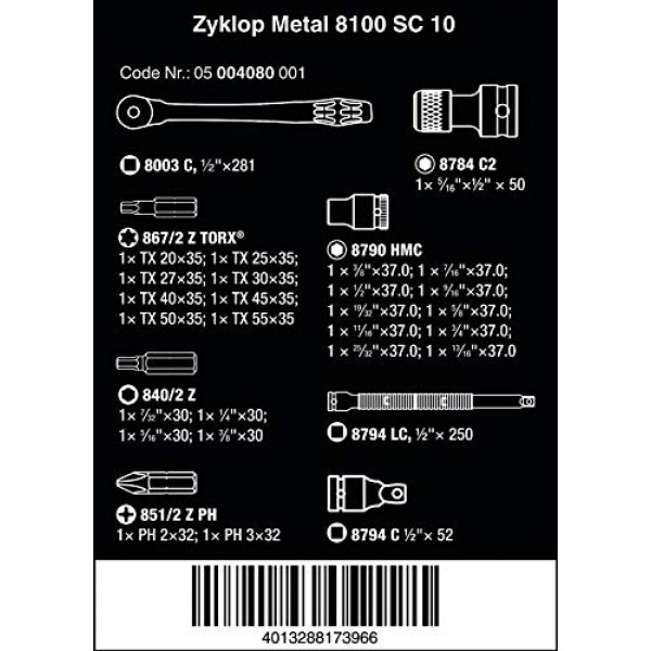 Wera 05004080001 8100 SC 10 푸시스루 사각형이 있는 Zyklop 금속 래칫 세트, 1/2 드라이브, 영국식, 28개