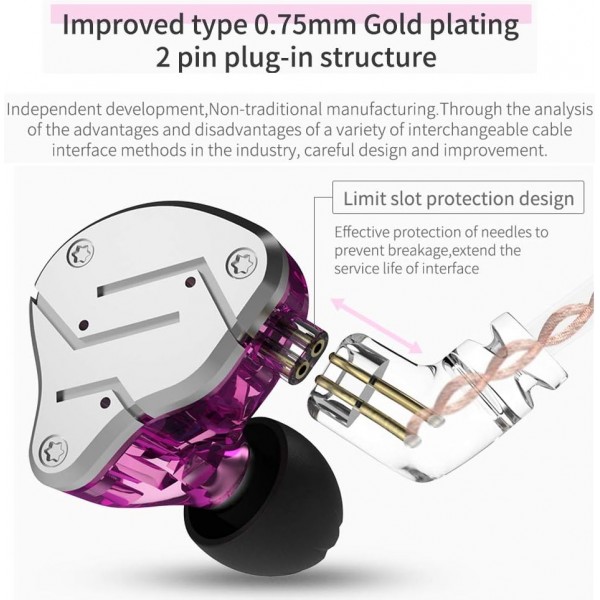 KZ ZSN 헤드폰 1BA 1DD, KZ HiFi 이어폰형 이어폰 고화질 0.75mm 2핀 케이블 소음 차단 KZ 헤드폰 마이크 없음 검정