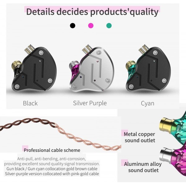 KZ ZSN 헤드폰 1BA 1DD, KZ HiFi 이어폰형 이어폰 고화질 0.75mm 2핀 케이블 소음 차단 KZ 헤드폰 마이크 없음 검정