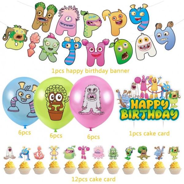 Babioms Sing-ing Monsters 생일 장식, 32 Pcs 내 노래 괴물 풍선 생일 장식 풍선 배너 컵케익 토퍼 라텍스 풍선 케이크 장식 소녀 소년 파티 용품