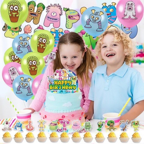 Babioms Sing-ing Monsters 생일 장식, 32 Pcs 내 노래 괴물 풍선 생일 장식 풍선 배너 컵케익 토퍼 라텍스 풍선 케이크 장식 소녀 소년 파티 용품