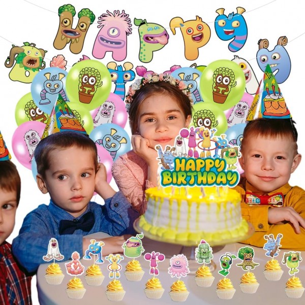 Babioms Sing-ing Monsters 생일 장식, 32 Pcs 내 노래 괴물 풍선 생일 장식 풍선 배너 컵케익 토퍼 라텍스 풍선 케이크 장식 소녀 소년 파티 용품
