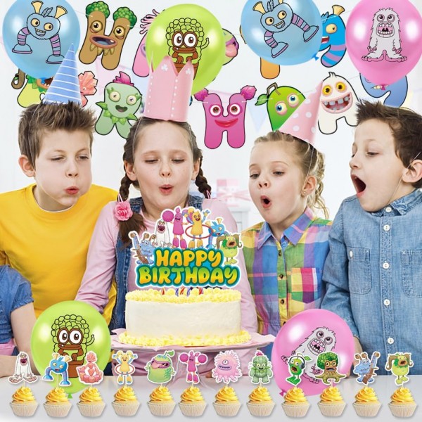 Babioms Sing-ing Monsters 생일 장식, 32 Pcs 내 노래 괴물 풍선 생일 장식 풍선 배너 컵케익 토퍼 라텍스 풍선 케이크 장식 소녀 소년 파티 용품