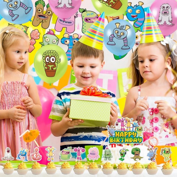 Babioms Sing-ing Monsters 생일 장식, 32 Pcs 내 노래 괴물 풍선 생일 장식 풍선 배너 컵케익 토퍼 라텍스 풍선 케이크 장식 소녀 소년 파티 용품