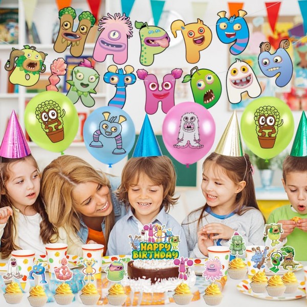 Babioms Sing-ing Monsters 생일 장식, 32 Pcs 내 노래 괴물 풍선 생일 장식 풍선 배너 컵케익 토퍼 라텍스 풍선 케이크 장식 소녀 소년 파티 용품