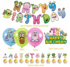 Babioms Sing-ing Monsters 생일 장식, 32 Pcs 내 노래 괴물 풍선 생일 장식 풍선 배너 컵케익 토퍼 라텍스 풍선 케이크 장식 소녀 소년 파티 용품