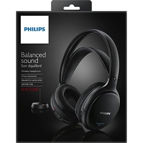 필립스 SHC5200/10 HiFi 헤드폰 무선 오버이어(32mm 스피커 드라이버, 무선 FM 전송, 자동 조절 브래킷, 경량 디자인, 충전식) 25옴, 블랙 블랙 싱글