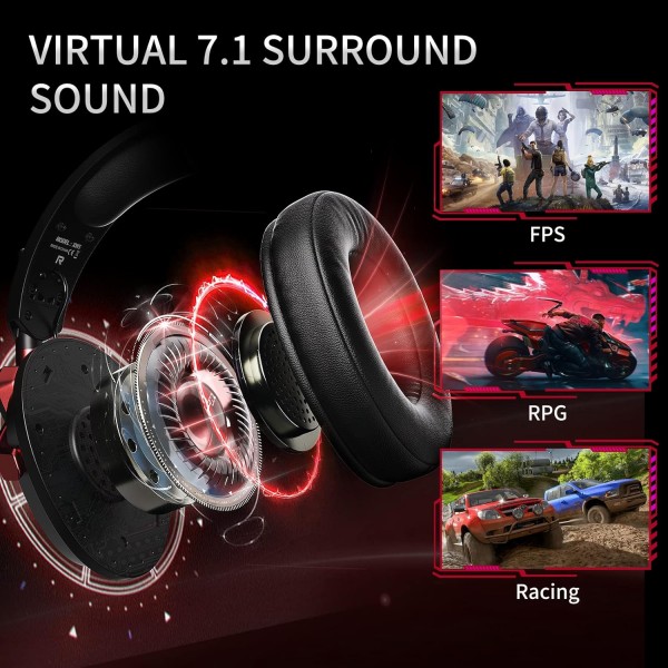 PS4 PS5 PC Xbox용 Tatybo 게임용 헤드셋 7.1 - 마이크 소음 제거 헤드폰, 7.1 Soundkar RED