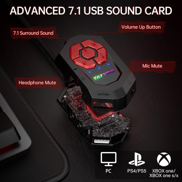 PS4 PS5 PC Xbox용 Tatybo 게임용 헤드셋 7.1 - 마이크 소음 제거 헤드폰, 7.1 Soundkar RED