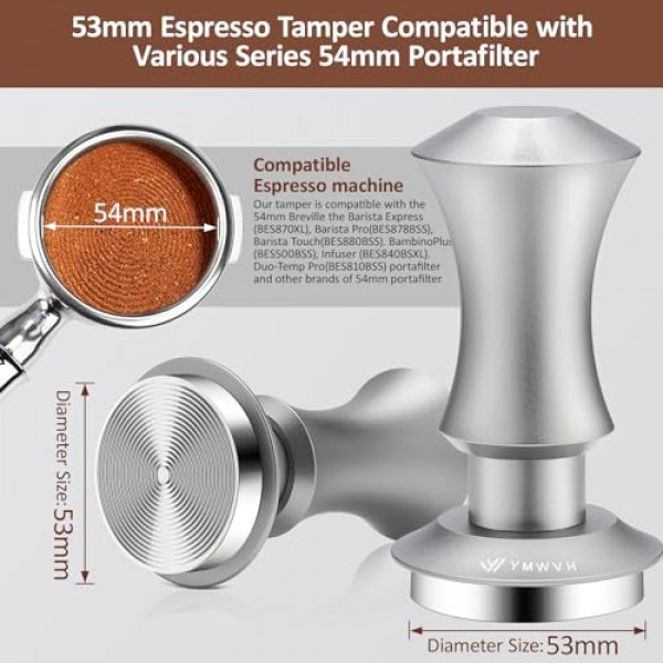 에스프레소 탬퍼 53mm, YMWVH 프리미엄 바리스타 에스프레소 커피 탬퍼, 듀얼 스프링 장착 플랫 스테인레스 스틸 베이스, 일정한 30lb, Breville 54mm 포터필터와 호환 가능