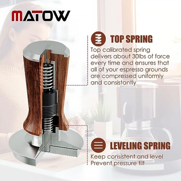 53.3mm 에스프레소 핸드 탬퍼, 스테인리스 스틸 리플 베이스가 포함된 MATOW 보정 스프링 장착 커피 탬퍼, 레드 로즈우드 핸들이 포함된 30lbs 에스프레소 탬퍼, 54mm 브레빌