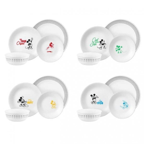 Corelle Vitrelle 16피스 ​​식기 세트, 삼중 유리 및 칩 방지, 경량 원형 접시 그릇 디즈니 미키 마우스 - 진정한 오리지널 화이트