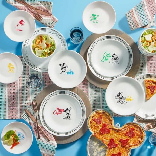 Corelle Vitrelle 16피스 ​​식기 세트, 삼중 유리 및 칩 방지, 경량 원형 접시 그릇 디즈니 미키 마우스 - 진정한 오리지널 화이트