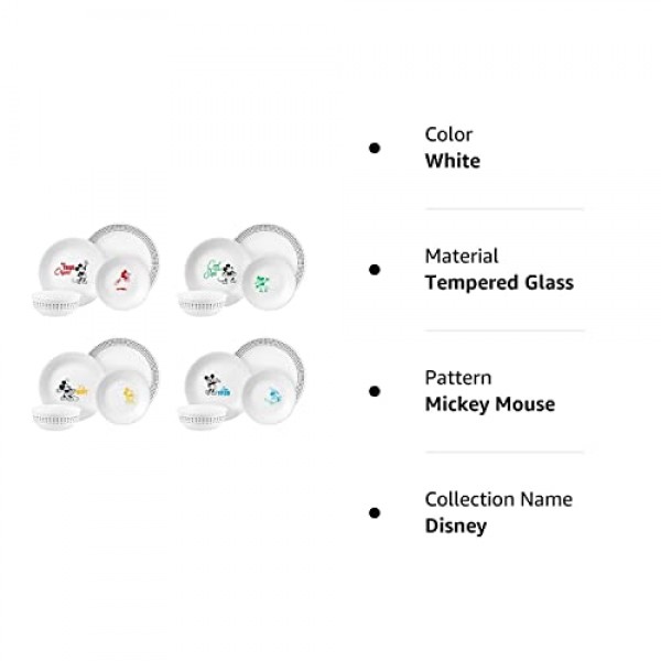 Corelle Vitrelle 16피스 ​​식기 세트, 삼중 유리 및 칩 방지, 경량 원형 접시 그릇 디즈니 미키 마우스 - 진정한 오리지널 화이트