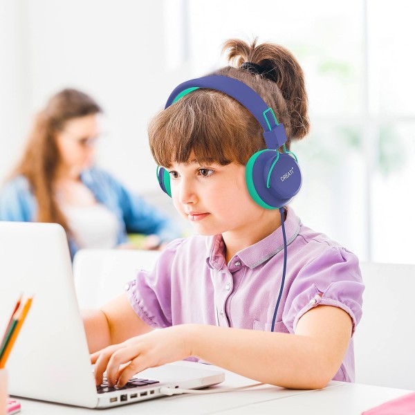 마이크가 장착된 DREATI Kids 헤드폰, 소년 소녀용 어린이용 온이어 헤드폰 iPad/PC/Phone/Travel(파란색)용 어린이용 선물용 스테레오 청소년 헤드셋