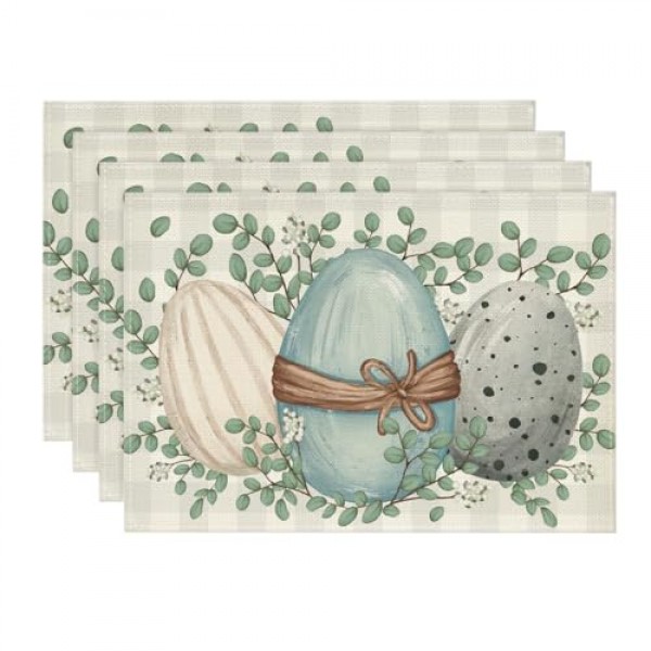 Artoid 모드 유칼립투스 계란 부활절 Placemats 파티 주방 식사 장식을위한 4, 12x18 인치 봄 계절 테이블 매트 세트