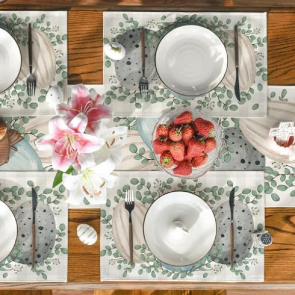 Artoid 모드 유칼립투스 계란 부활절 Placemats 파티 주방 식사 장식을위한 4, 12x18 인치 봄 계절 테이블 매트 세트