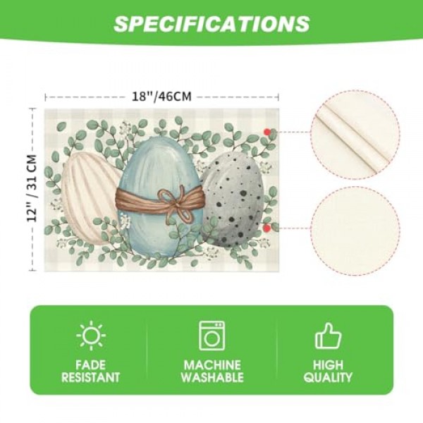 Artoid 모드 유칼립투스 계란 부활절 Placemats 파티 주방 식사 장식을위한 4, 12x18 인치 봄 계절 테이블 매트 세트