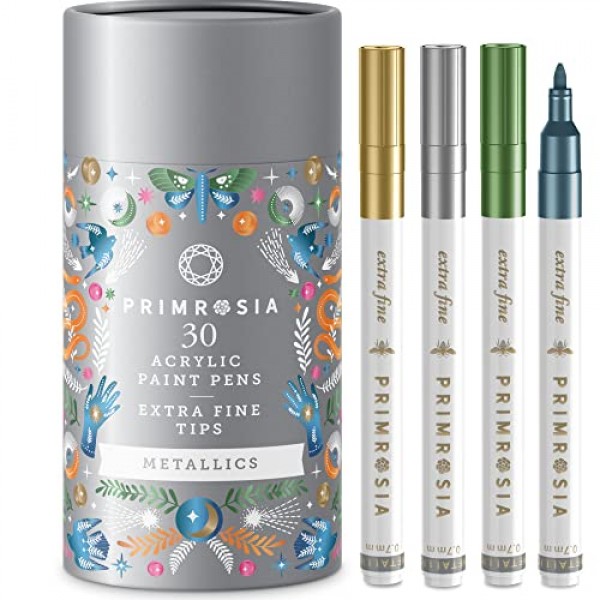 Primrosia 30 금속 마커 - 아크릴 페인트 펜 - 엑스트라 파인 팁 금속 마커 세트. DIY 공예, 드로잉, 도자기, 채색, 암벽화, 서예 및 레터링을 위한 미술 용품