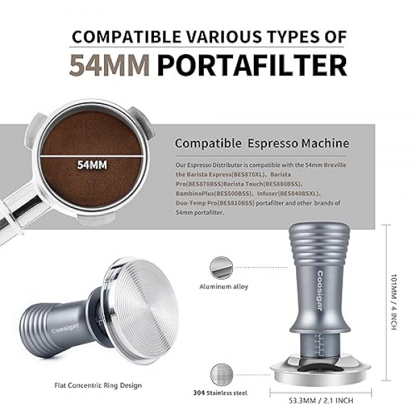 53mm 에스프레소 탬퍼, 일정한 30lb 보정 스프링 장착형 프리미엄 바리스타 커피 탬퍼, 100% 스테인레스 스틸 베이스, 모든 53mm 54mm 포터필터에 맞는 탬퍼, 에스프레소 액