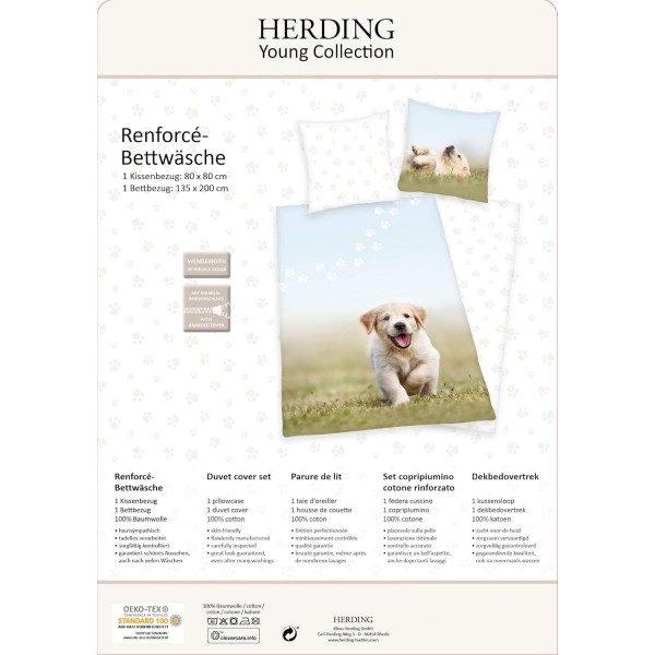 Herding Young Collection 베드 린넨 세트, 강아지 양면 모티브, 베갯잇 80 x 80cm, 이불 커버 135 x 200cm, 쉽게 작동하는 지퍼 포함, 면/렌포스 독일 사이즈 면/렌포스