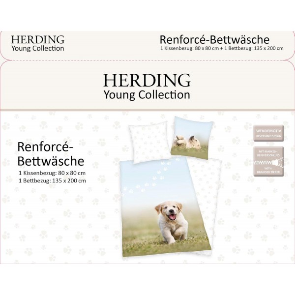 Herding Young Collection 베드 린넨 세트, 강아지 양면 모티브, 베갯잇 80 x 80cm, 이불 커버 135 x 200cm, 쉽게 작동하는 지퍼 포함, 면/렌포스 독일 사이즈 면/렌포스