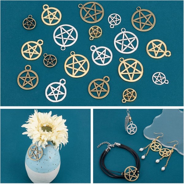 PandaHall Pentagram 펜 던 트 108pcs Pentagram 스타 보호 펜 던 트 Pentagram 행운의 매력 목걸이 팔찌 귀걸이 키 체인에 대 한 할로우 매력 DIY 쥬얼리 골든/실버/청동