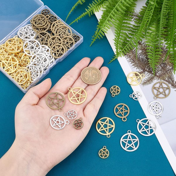 PandaHall Pentagram 펜 던 트 108pcs Pentagram 스타 보호 펜 던 트 Pentagram 행운의 매력 목걸이 팔찌 귀걸이 키 체인에 대 한 할로우 매력 DIY 쥬얼리 골든/실버/청동