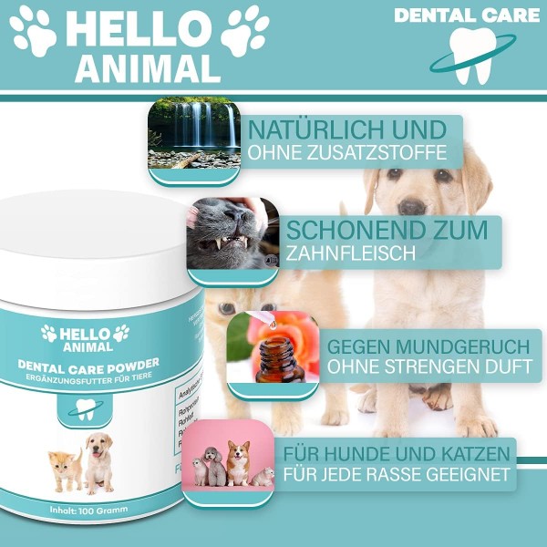 개와 고양이를 위한 HelloAnimal® DENTAL 파우더 - 치아 청소 및 치아 관리 치아 틈새용 치석 제거제 - 구취에 대한 치아 파우더
