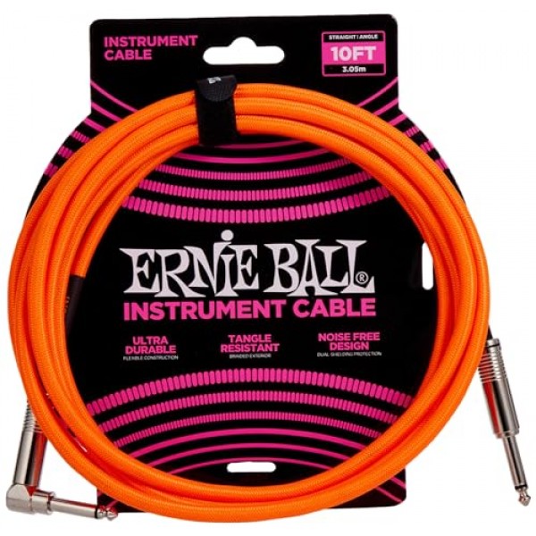 Ernie Ball 편조 기기 케이블, 직선/앵글, 10피트, 네온 오렌지(P06079)