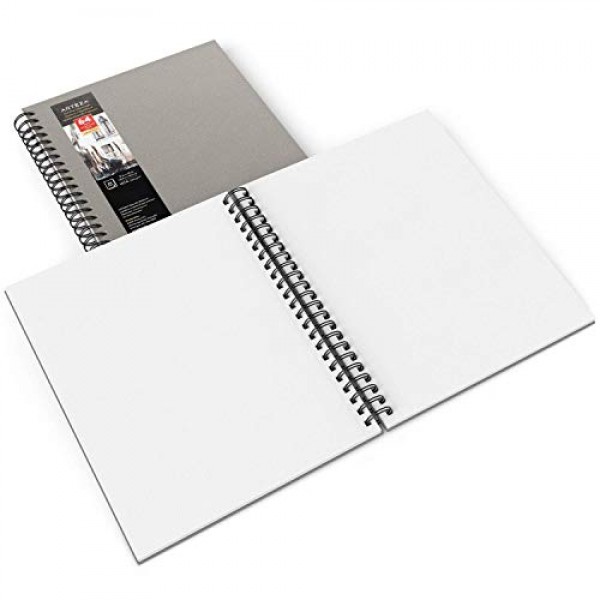 Arteza 수채화 스케치북, 9x12인치, 2팩, 회색 하드커버 저널, 64매, 140lb/300gsm 수채화 용지 패드, 수채화용 나선형 제본 책, 구아슈, 아크릴, 연필, 습식 및 건식 매체